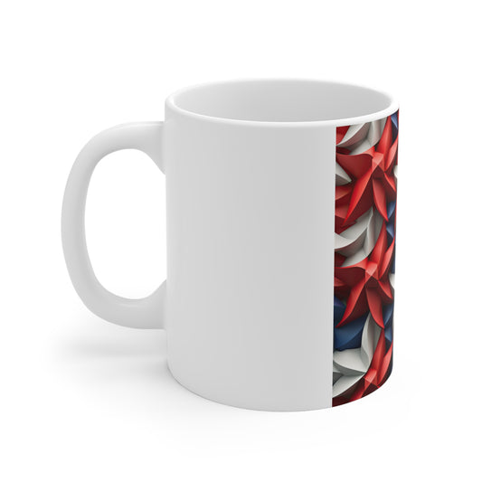 3D Patriotic Pinwheel Star Coffee Mug – Red White Blue Spiral Star Mug – Modern Americana Geometric Mug – Dynamic USA Star Design 11oz