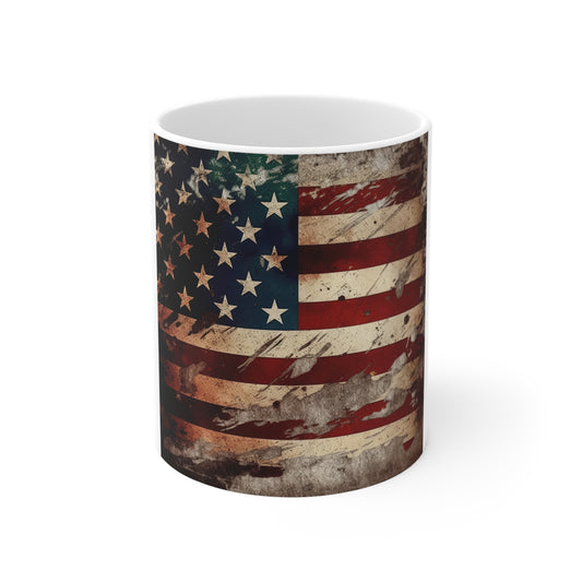 Heavy Distressed American Flag Coffee Mug – Rugged Grunge USA Flag Mug – Weathered Patriotic Mug – Bold Americana Gift 11oz