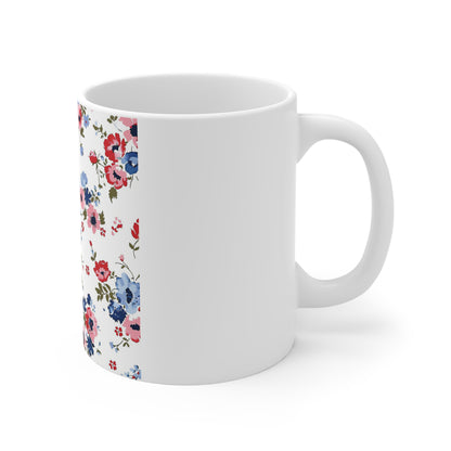 Patriotic Wildflower Coffee Mug – Red White Blue Floral Mug – Vintage Americana Blossom Cup – Soft Cottage Garden Mug Floral Vintage 11oz Ceramic Mug – Red & Blue Wildflower Pattern