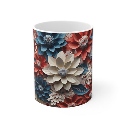 Patriotic 3D Floral Coffee Mug – Red White Blue Layered Blossom Mug – Sculpted Botanical Art Cup – Premium Americana Flower Mug Floral Paper Dahlia 11oz Ceramic Mug – Red, Blue & Cream Garden Pattern...