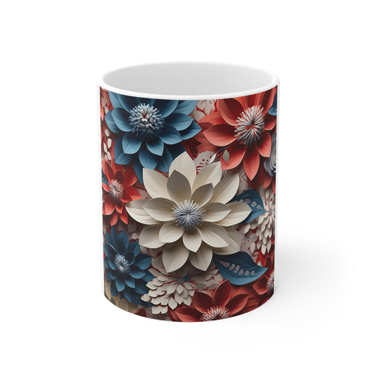 Patriotic 3D Floral Coffee Mug – Red White Blue Layered Blossom Mug – Sculpted Botanical Art Cup – Premium Americana Flower Mug Floral Paper Dahlia 11oz Ceramic Mug – Red, Blue & Cream Garden Pattern...
