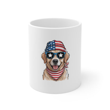 Patriotic Golden Retriever 11oz Mug – USA Flag Bandana & Star Sunglasses