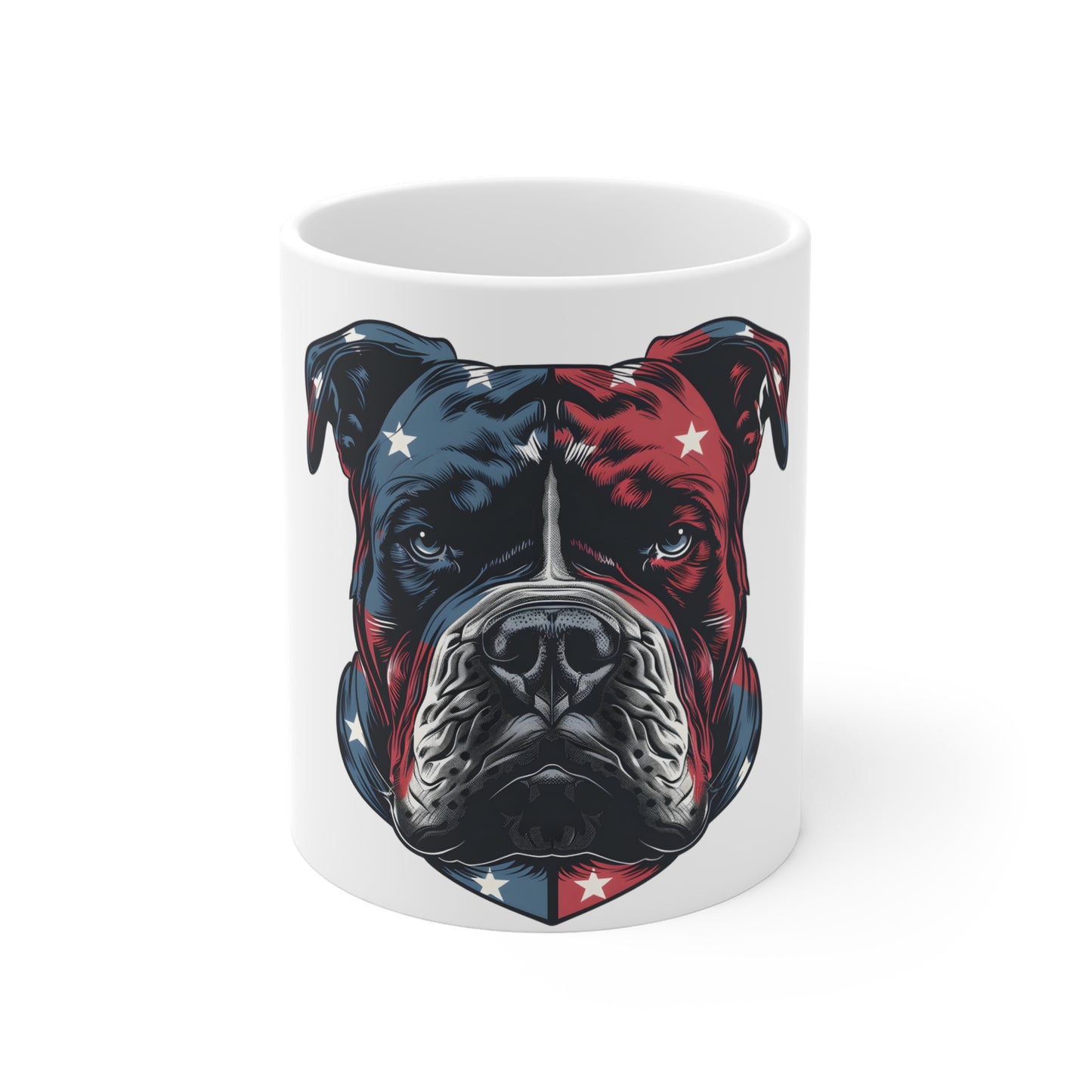 Patriotic Bulldog Coffee Mug – American Flag Bulldog Face Mug – Strong USA Dog Art Cup – Bold 4th of July Gift Mug 11oz