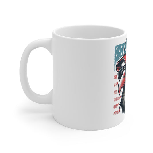 Patriotic Eagle Trucker Hat Coffee Mug – American Flag Bald Eagle with Sunglasses Mug – USA Freedom Bird Cup – Vintage Americana Gift Mug 11oz