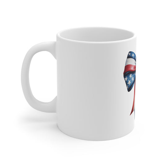 Patriotic Bow Mug — American Flag Red White Blue Ribbon Coffee Cup (11oz)