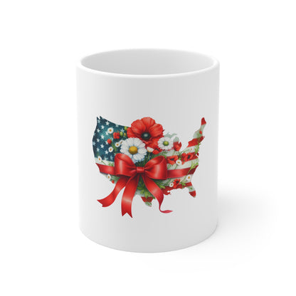 Patriotic USA Map Floral Mug — American Flag with Red Bow Coffee Cup (11oz)