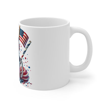 Patriotic Candy Milkshake Coffee Mug – 4th of July Dessert Mug – Red White Blue Ice Cream Sundae Cup with Lollipop & Flag Patriotic Red White & Blue Dessert Mug — 11oz USA Flag Milkshake Coffee Cup...