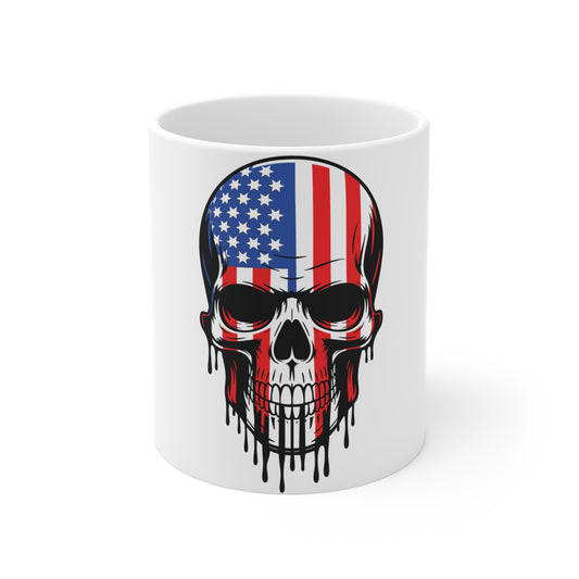 American Flag Skull Coffee Mug – Red White Blue Skull Mug – Patriotic Dripping Skull Cup – Bold USA Skull Mug Mug 11oz