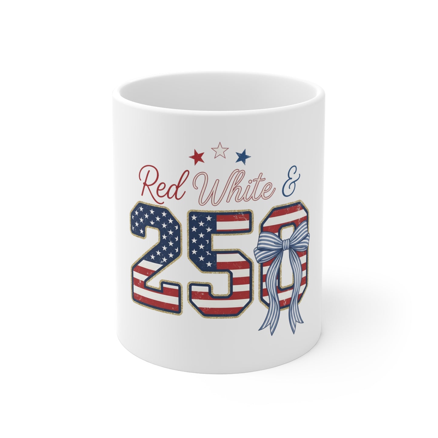 Red White & 250 Patriotic 11oz Coffee Mug — American Flag Number Design for 4th of July