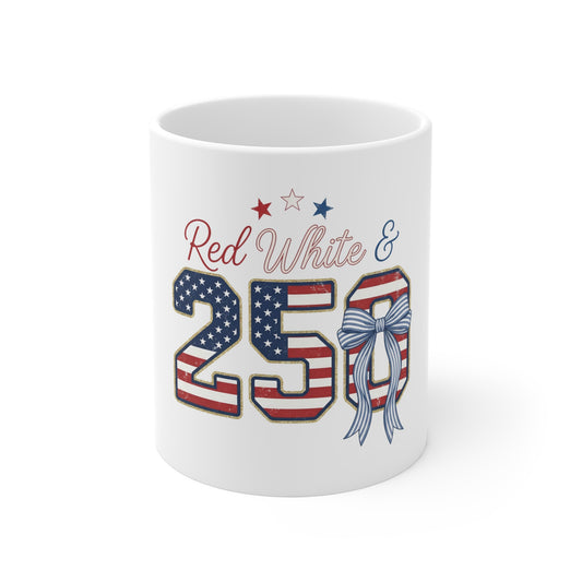 Red White & 250 Patriotic 11oz Coffee Mug — American Flag Number Design for 4th of July