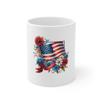 Patriotic Floral Flag Mug — American Flag Coffee Mug with Red, White & Blue Flowers (11 oz)