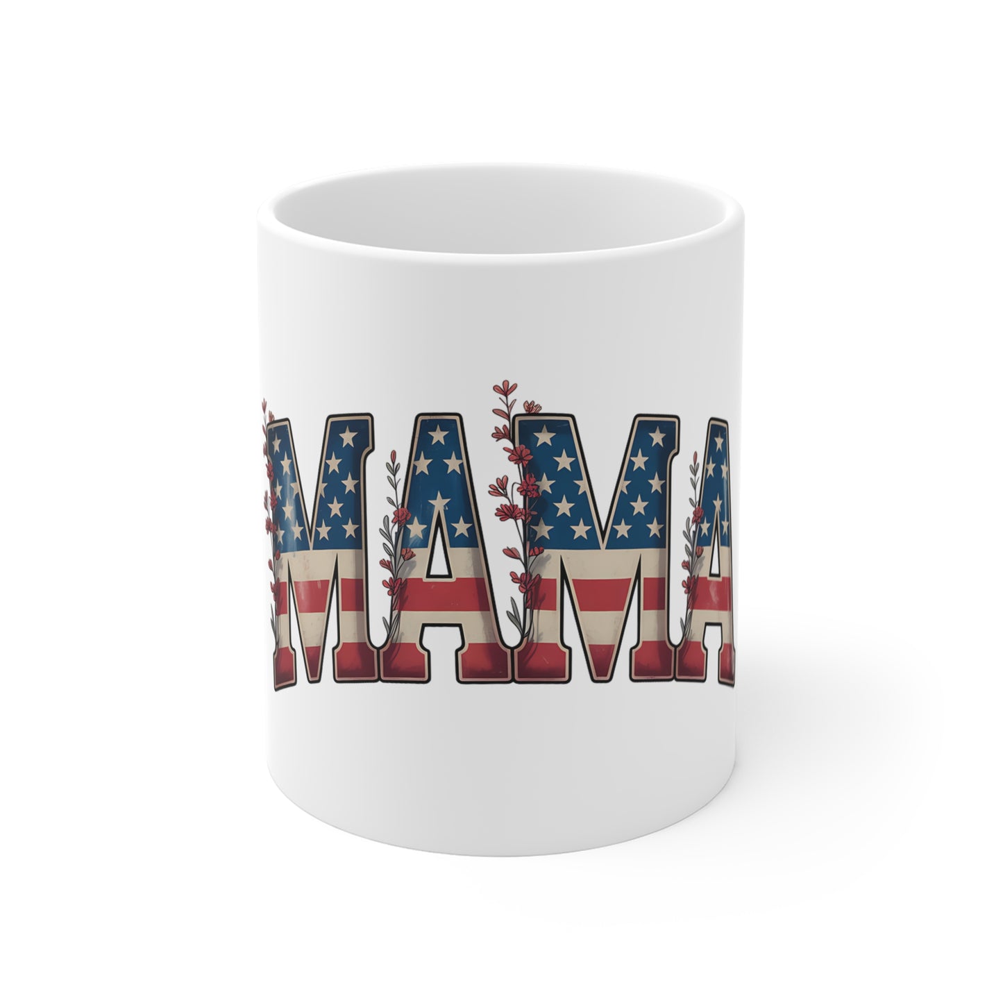 Mama Patriotic 11oz Mug — American Flag Floral "MAMA" Coffee Cup