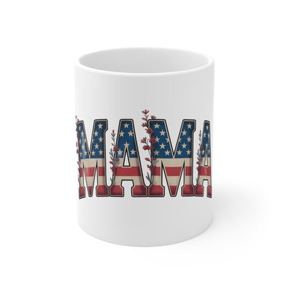 Mama Patriotic 11oz Mug — American Flag Floral "MAMA" Coffee Cup