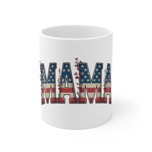 Mama Patriotic 11oz Mug — American Flag Floral "MAMA" Coffee Cup
