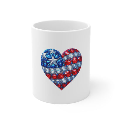 Patriotic Heart Mug — American Flag Jewel-Style 11oz Coffee Cup