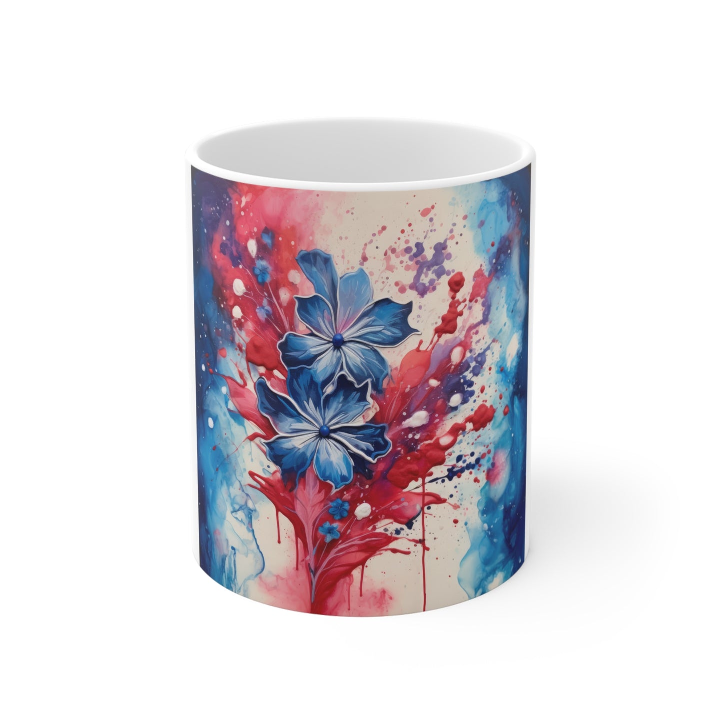 Patriotic Abstract Floral Coffee Mug – Red Blue Splash Flower Mug – Modern Artistic Americana Cup – Bold Watercolor Bloom Mug Blue & Pink Floral Splash Mug — 11oz Artistic Watercolor Coffee Cup...