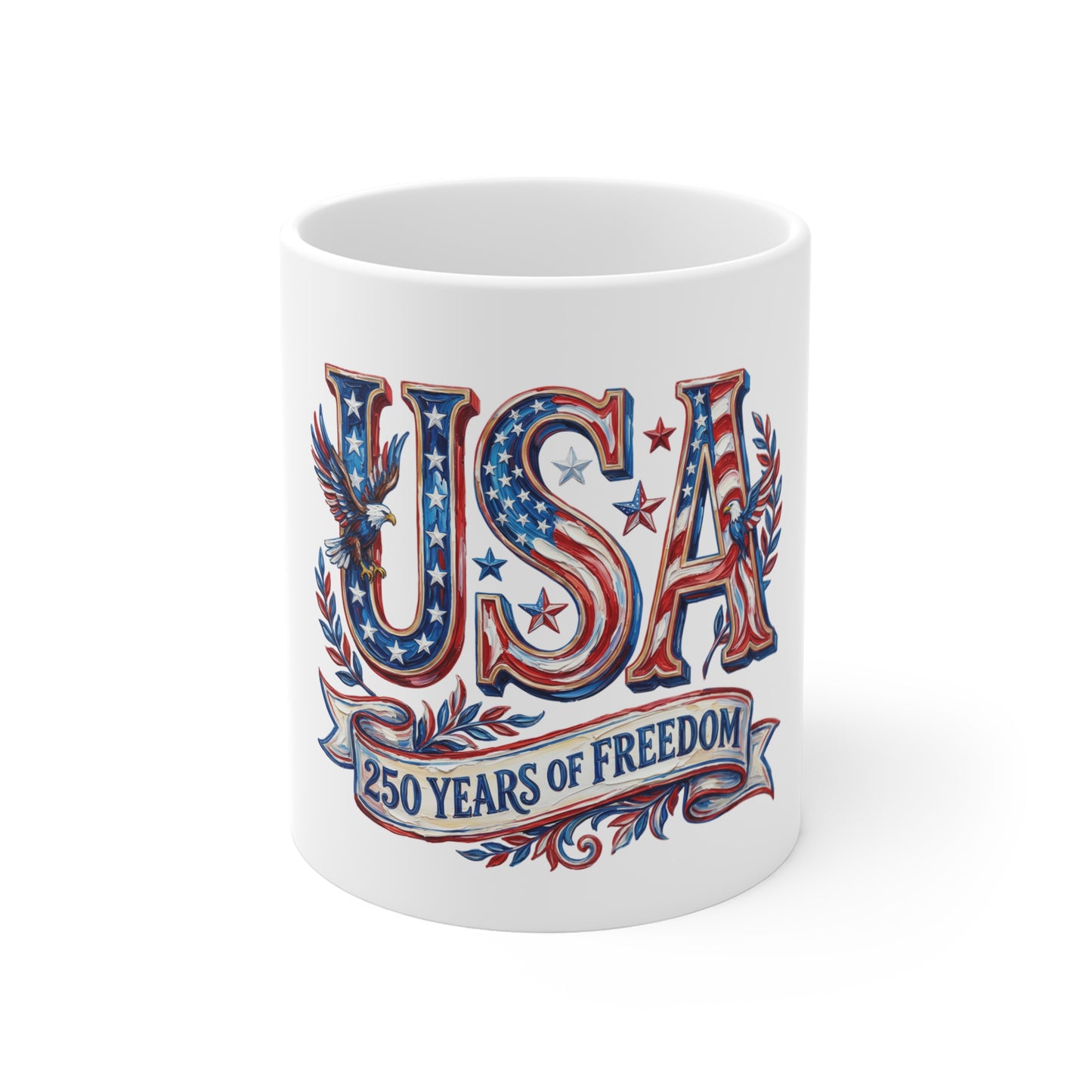 USA 250 Years of Freedom Coffee Mug — Patriotic 11oz Independence Day Gift