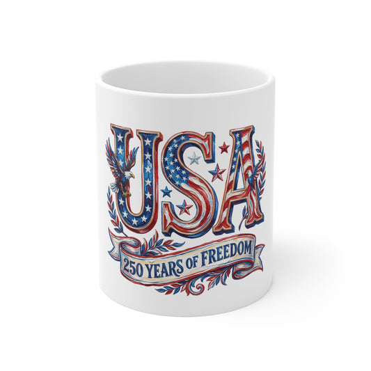USA 250 Years of Freedom Coffee Mug — Patriotic 11oz Independence Day Gift