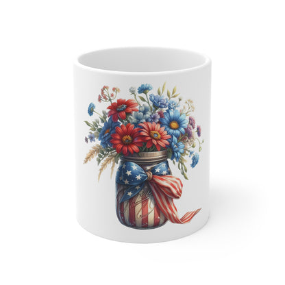 Vintage Patriotic Floral Mason Jar Mug – Rustic Red White Blue Flower Coffee Mug – Americana Ribbon Jar Cup – Farmhouse 4th of July Gift Patriotic Mason Jar Floral Mug – 11oz USA Flag Bouquet Coffee...