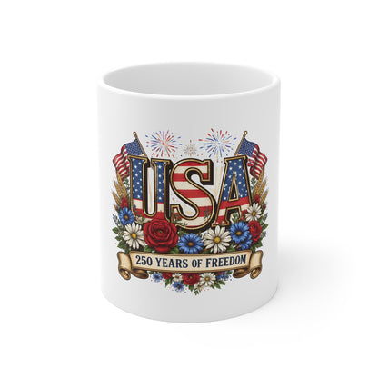 USA 250 Years of Freedom Mug — Patriotic American Flag Coffee Cup