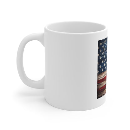 American Flag Rustic Wood 11oz Mug — Vintage Patriotic Coffee Cup for Fourth of July, Veterans Day, Gifts