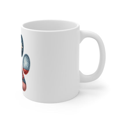 Patriotic Patchwork Dog Paw Coffee Mug – Americana Quilt Paw Print Mug – Red White Blue Pet Lover Mug – USA Dog Gift Cup Patriotic Paw Print Mug — American Flag Dog Lover Coffee Cup