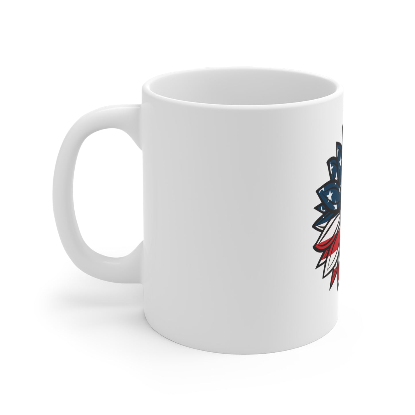 Patriotic Sunflower Coffee Mug – American Flag Daisy Mug – Red White Blue Floral Design – USA Botanical Gift Mug 11oz