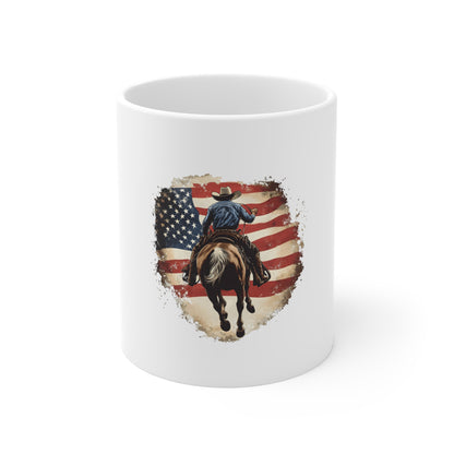 American Cowboy Mug — Retro Flag Cowboy on Horse 11oz