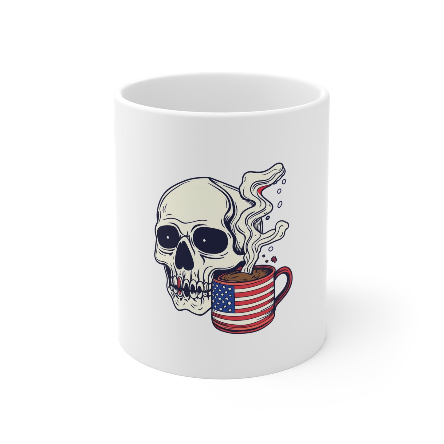 Skull & American Flag Coffee Mug — 11oz Patriotic Gothic Tea Cup