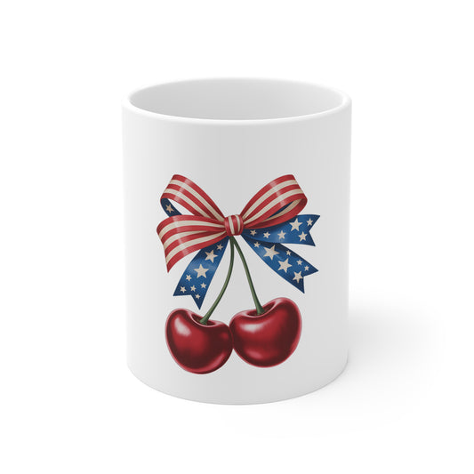 Patriotic Cherry Mug - 11oz American Flag Bow Coffee Cup