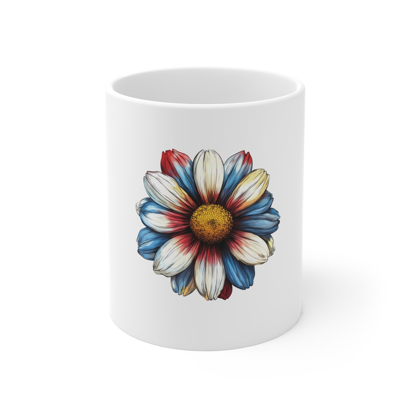 Patriotic Daisy Mug — Red, White & Blue Floral Coffee Cup (11oz)