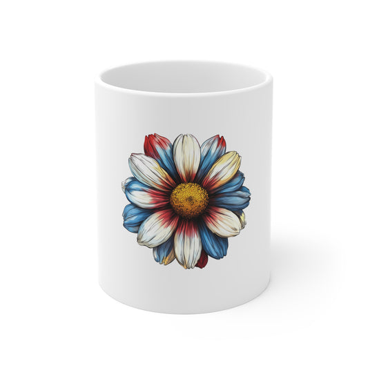 Patriotic Daisy Mug — Red, White & Blue Floral Coffee Cup (11oz)