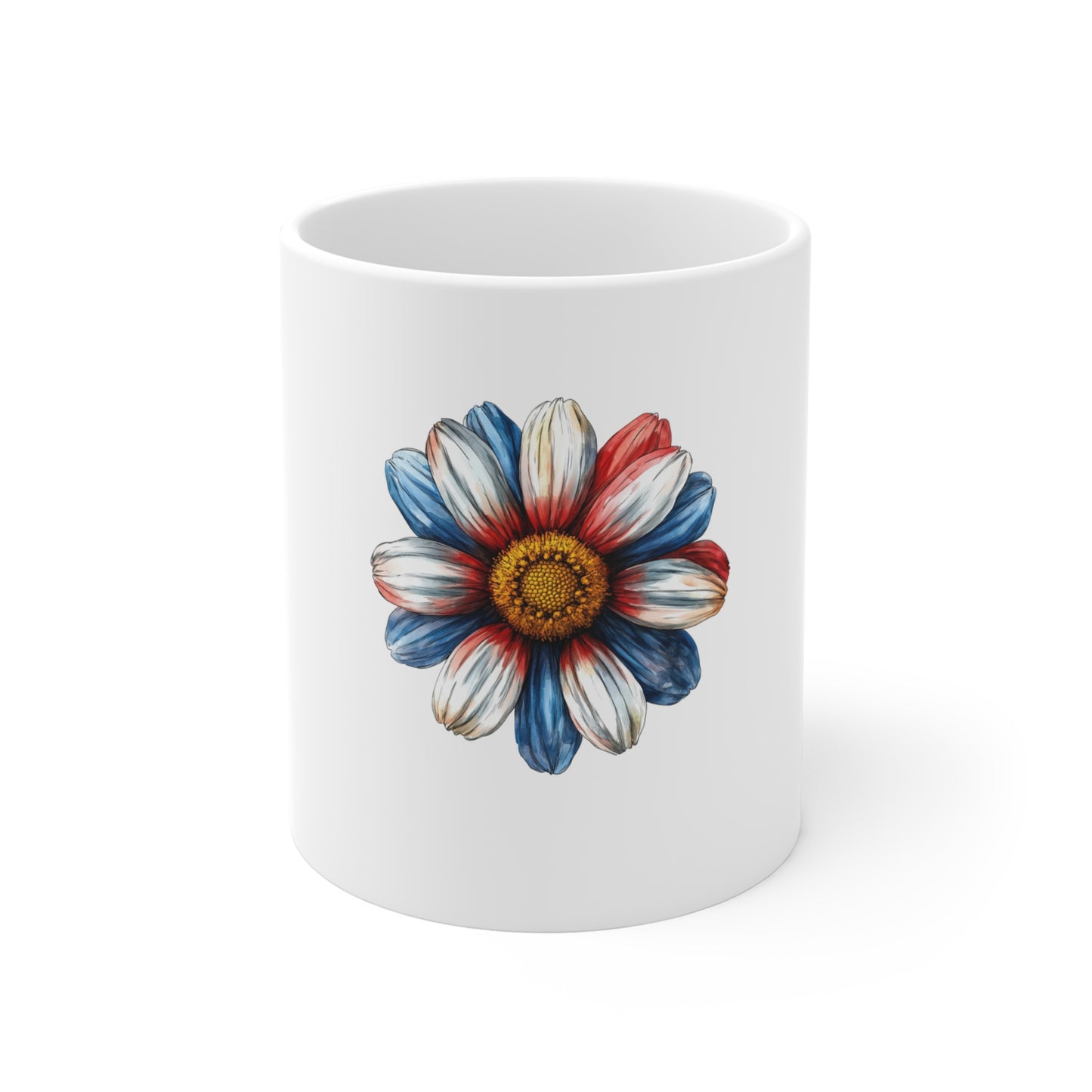 Patriotic Daisy Coffee Mug 11oz — Red White Blue Floral Tea Cup
