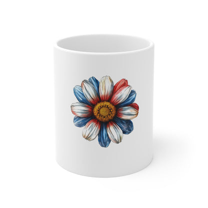Patriotic Daisy Coffee Mug 11oz — Red White Blue Floral Tea Cup