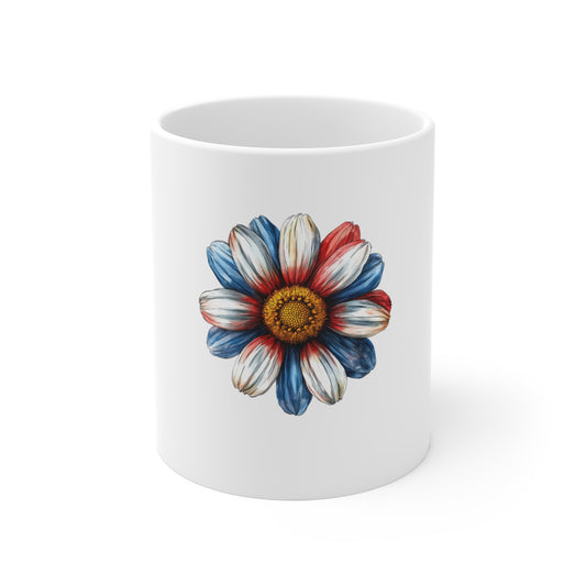 Patriotic Daisy Coffee Mug 11oz — Red White Blue Floral Tea Cup