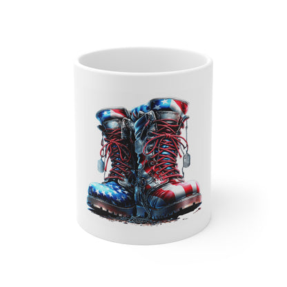 Patriotic Combat Boots Coffee Mug – American Flag Military Boots Mug – Veteran Tribute USA Mug 11oz