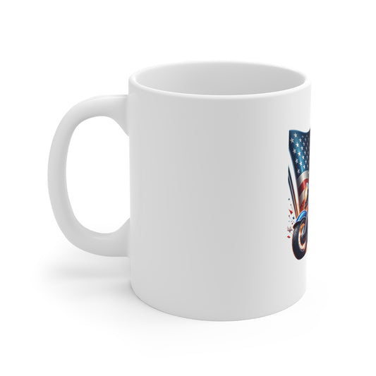 Patriotic Biker Gnome Coffee Mug — 11oz USA Flag Motorcycle Design