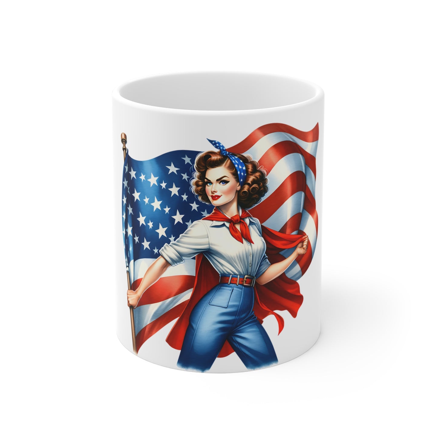 Patriotic Rosie Style Pin Up Mug – American Flag Woman Coffee Mug – Vintage Americana Strength Mug – 4th of July Gift – USA Pride Cup Patriotic Rosie Riveter Mug – American Flag 11oz Coffee Cup...