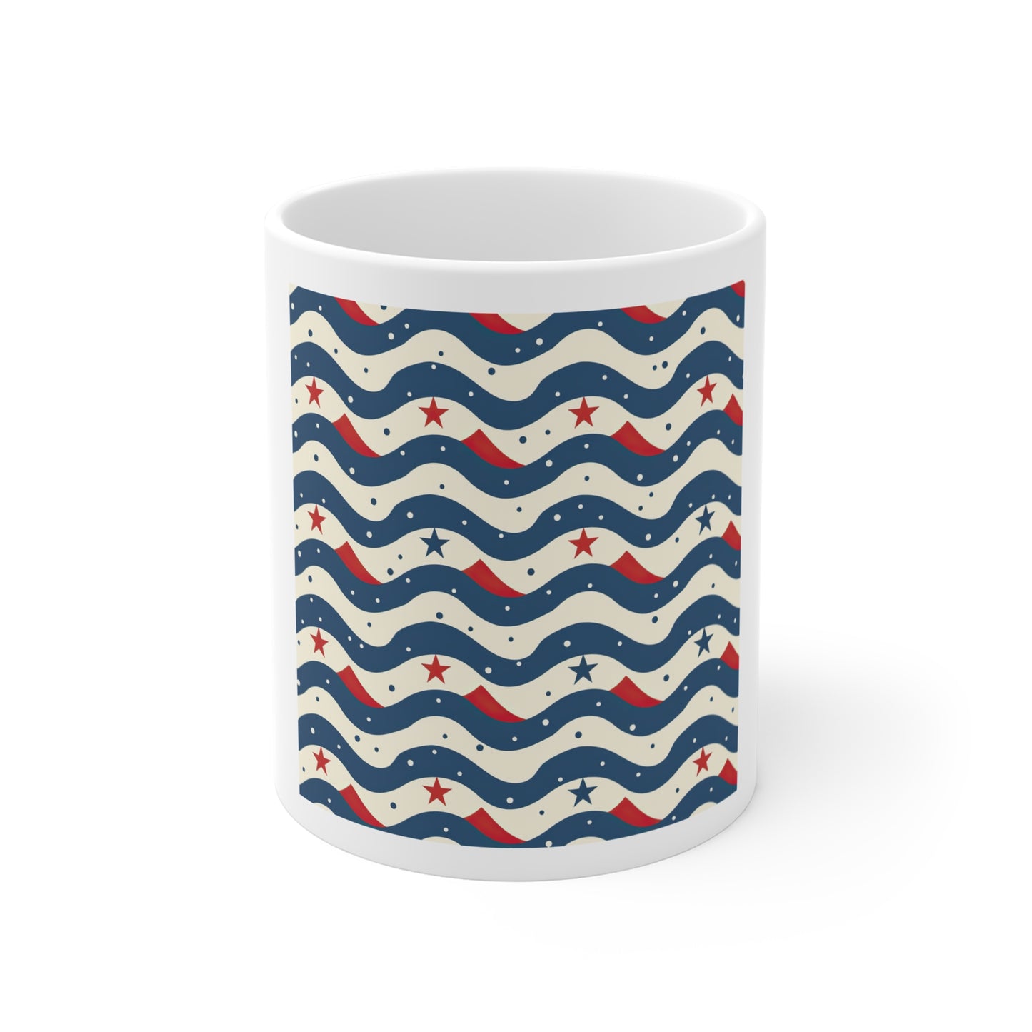 Patriotic Wave Stars Coffee Mug – Modern Americana Wave & Star Pattern Mug – Red Blue Abstract USA Cup – Coastal Patriotic Design Patriotic Wavy Stars 11oz Mug — Red White & Blue Americana Coffee Cup...