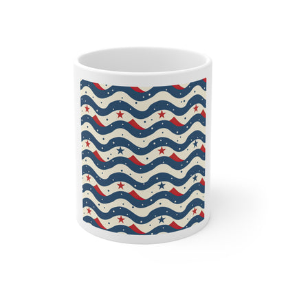 Patriotic Wave Stars Coffee Mug – Modern Americana Wave & Star Pattern Mug – Red Blue Abstract USA Cup – Coastal Patriotic Design Patriotic Wavy Stars 11oz Mug — Red White & Blue Americana Coffee Cup...