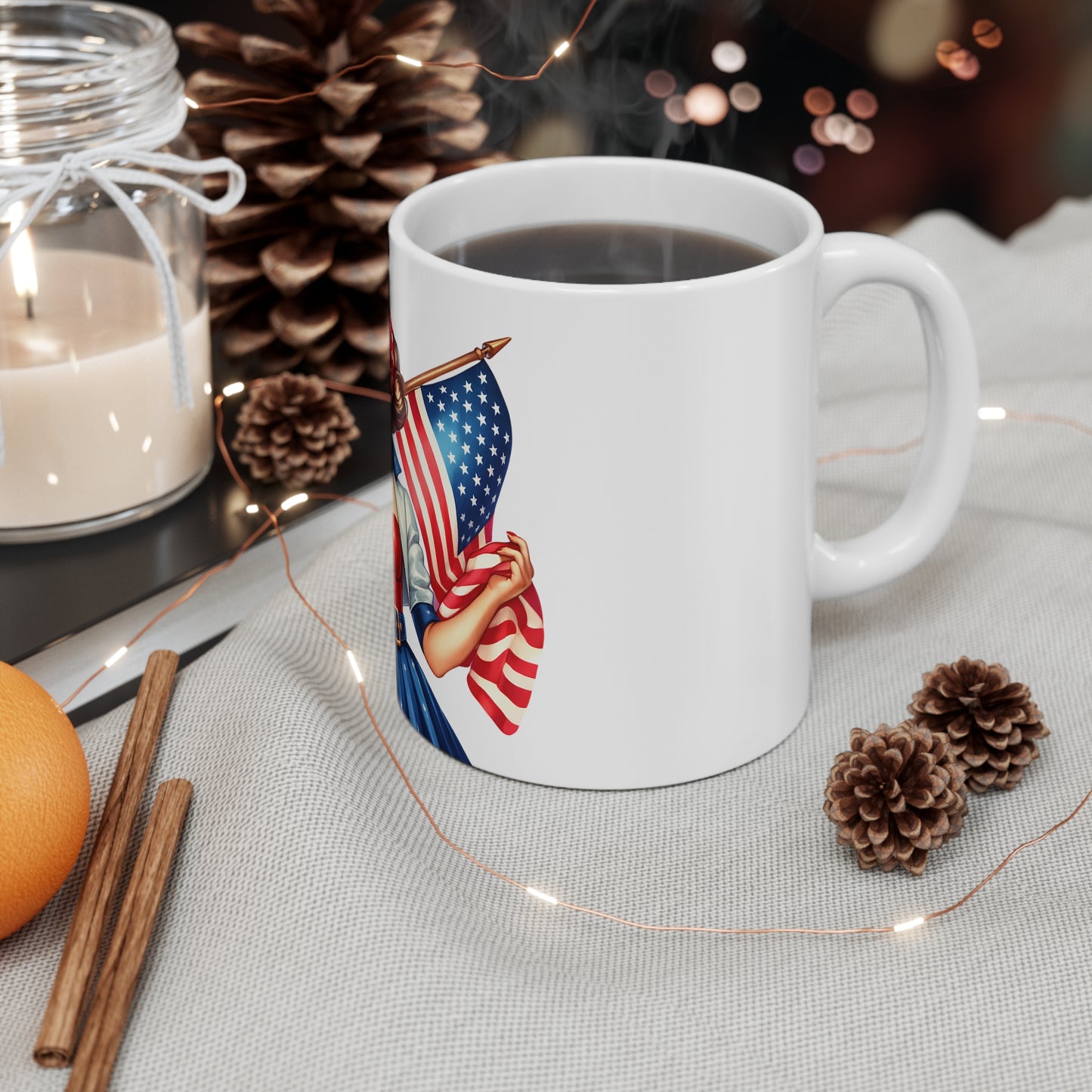 Patriotic Retro Woman with Flag Mug – Vintage Americana Pin Up Coffee Mug – USA Flag Style Cup – 4th of July Gift – Classic Red White Blue Mug Patriotic Pinup Girl Coffee Mug — Vintage 4th of July...