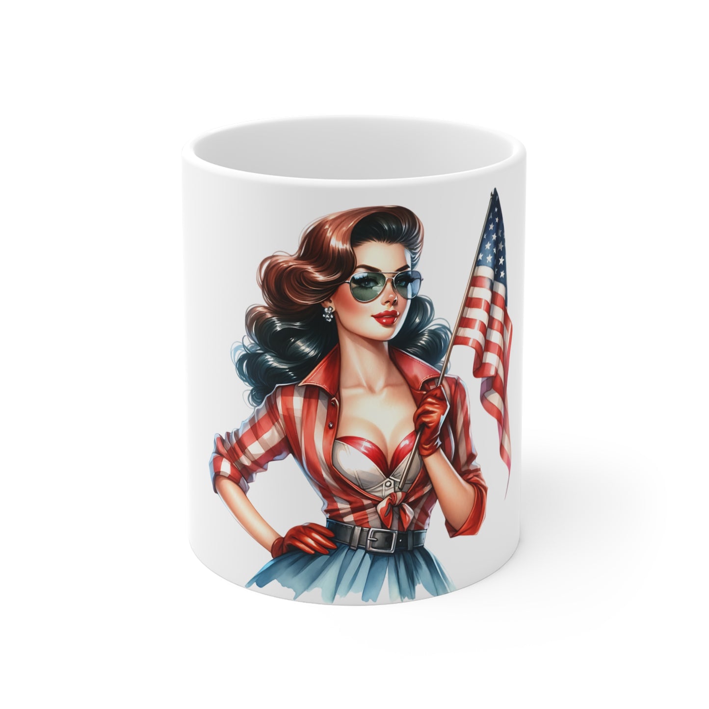 Patriotic Retro Woman with Flag Mug – Vintage Pin Up Americana Coffee Mug – USA Flag Girl Cup – 4th of July Gift – Bold Classic Style Mug Patriotic Pin-Up Girl 11oz Coffee Mug — American Flag Vintage...