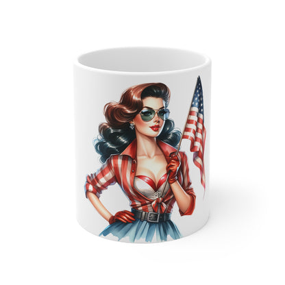Patriotic Retro Woman with Flag Mug – Vintage Pin Up Americana Coffee Mug – USA Flag Girl Cup – 4th of July Gift – Bold Classic Style Mug Patriotic Pin-Up Girl 11oz Coffee Mug — American Flag Vintage...
