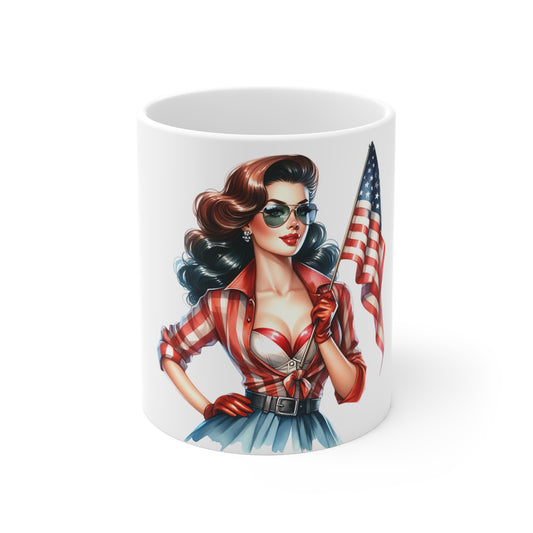 Patriotic Retro Woman with Flag Mug – Vintage Pin Up Americana Coffee Mug – USA Flag Girl Cup – 4th of July Gift – Bold Classic Style Mug Patriotic Pin-Up Girl 11oz Coffee Mug — American Flag Vintage...