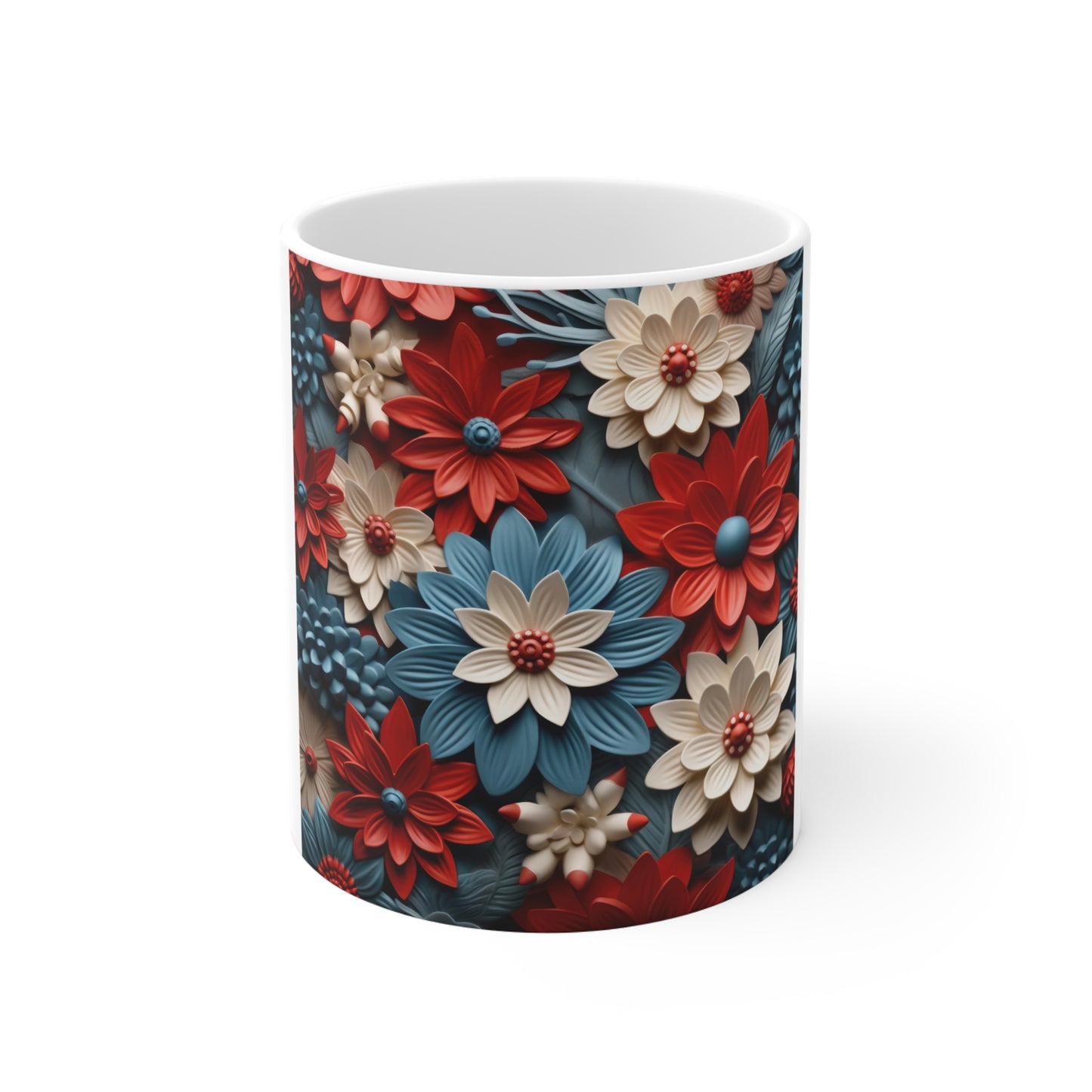 Patriotic 3D Floral Pattern Coffee Mug – Red White Blue Sculpted Flower Mug – Layered Botanical Art Cup – Modern Americana Mug Red, White & Blue 3D Floral Pattern Mug – Patriotic Flower Coffee Cup (11...