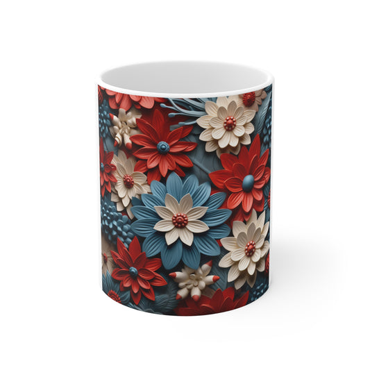 Patriotic 3D Floral Pattern Coffee Mug – Red White Blue Sculpted Flower Mug – Layered Botanical Art Cup – Modern Americana Mug Red, White & Blue 3D Floral Pattern Mug – Patriotic Flower Coffee Cup (11...