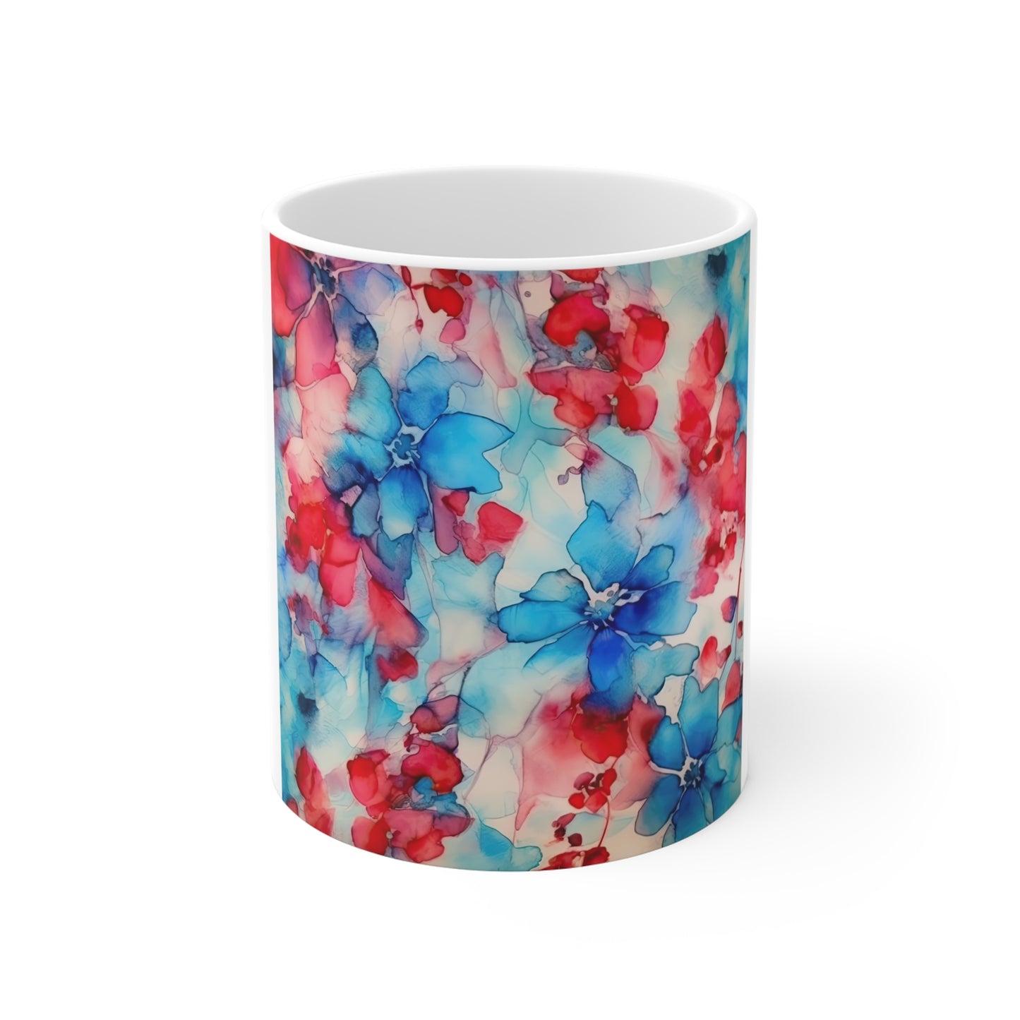 Patriotic Watercolor Floral Coffee Mug – Soft Red White Blue Flower Mug – Airy Americana Bloom Cup – Elegant Artistic Gift 11oz Ceramic Mug - Watercolor Red & Blue Floral Pattern