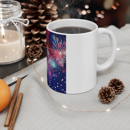 Patriotic Fireworks Burst Coffee Mug – Red Blue Sparkle Mug – Independence Day Celebration Cup – Starry Night USA Design Fireworks Celebration Mug — Colorful Sparkler 11oz Ceramic Coffee Cup