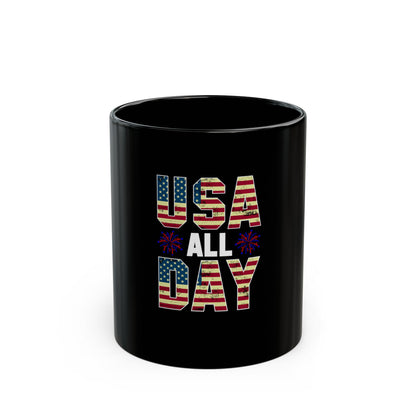 USA All Day Coffee Mug – Patriotic USA Mug – 4th of July Fireworks Cup – Red White Blue Vintage Flag Design USA All Day Mug — Patriotic American Flag Coffee Cup for 4th of July - 11 oz Mug