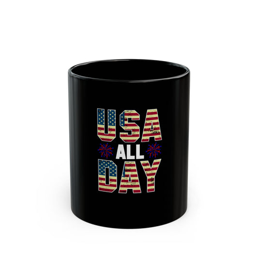 USA All Day Coffee Mug – Patriotic USA Mug – 4th of July Fireworks Cup – Red White Blue Vintage Flag Design USA All Day Mug — Patriotic American Flag Coffee Cup for 4th of July - 11 oz Mug